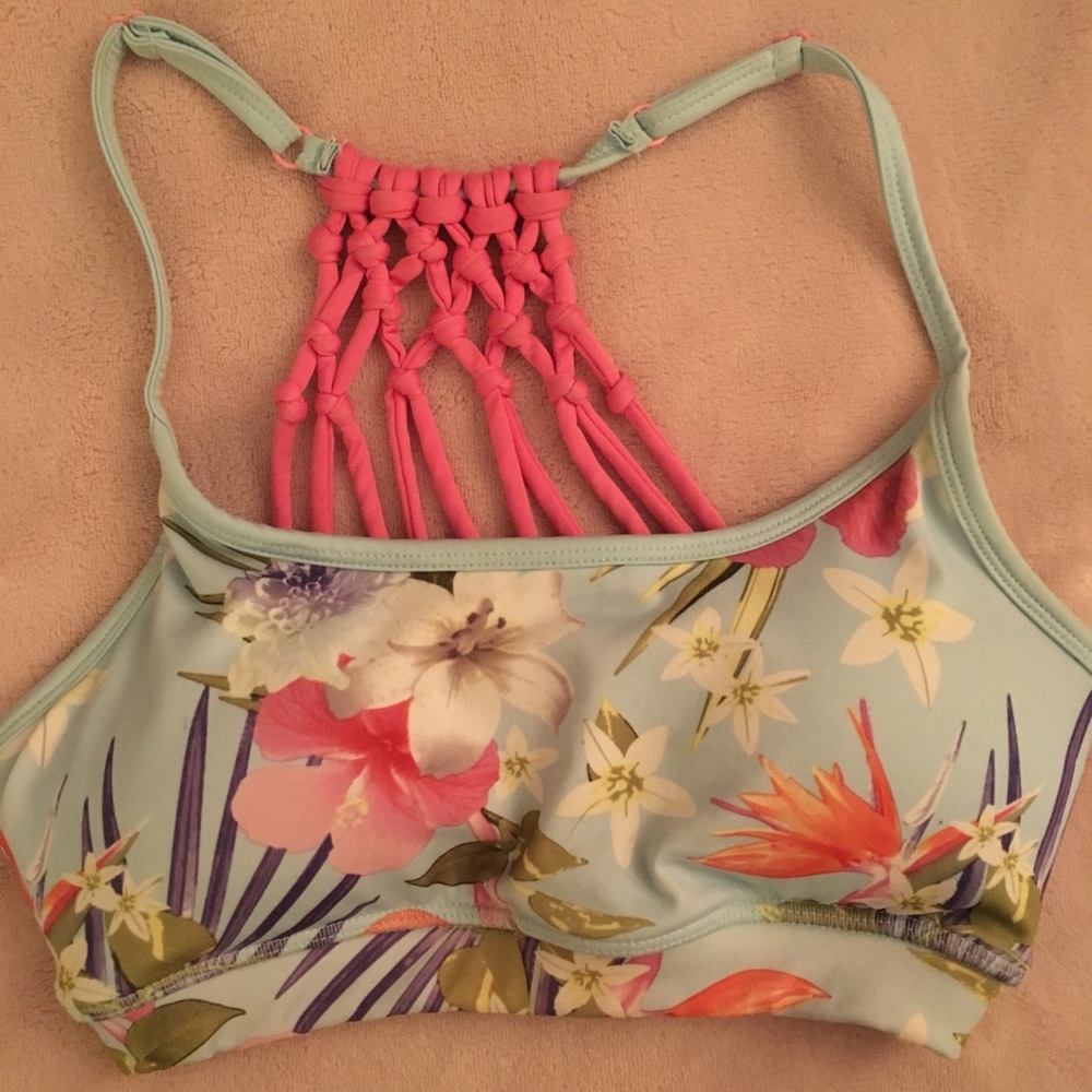 Tropical floral macrame back sports bra